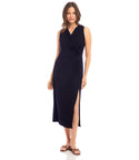 Petite V-neck Sleeveless Draped Slit Faux Wrap Midi Dress