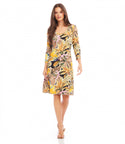 Petite A-line Floral Print Scoop Neck 3/4 Sleeves Gathered Dress