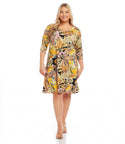 Plus Size A-line 3/4 Sleeves Scoop Neck General Print Gathered Flower(s) Dress