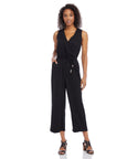 Petite V-neck Beaded Pocketed Belted Jumpsuit