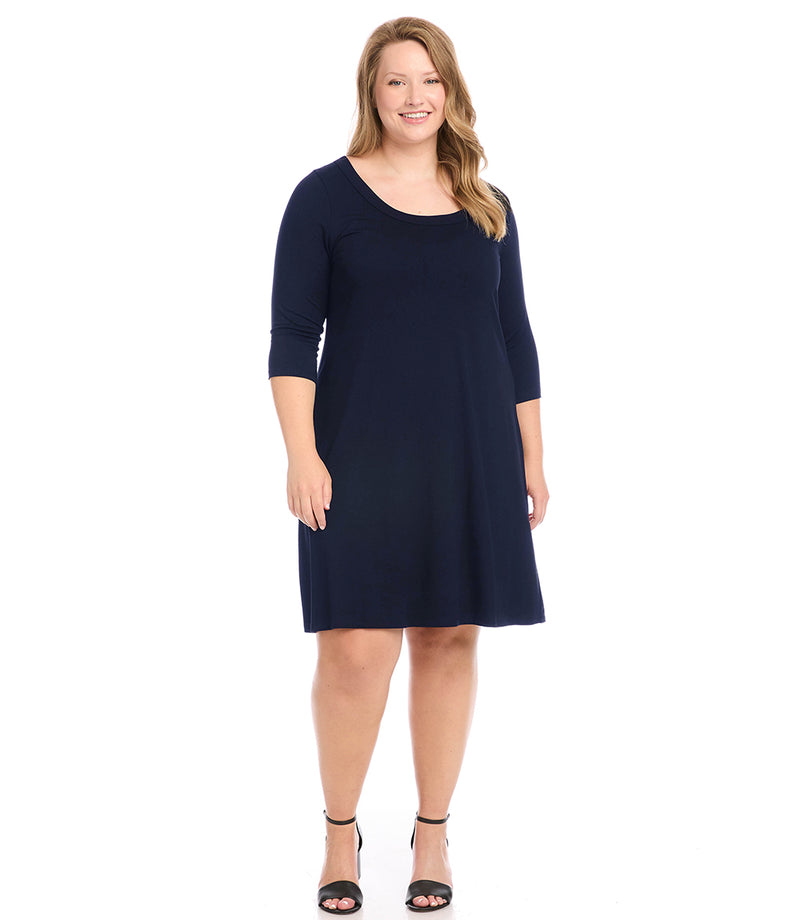 Long Sleeve Knee Length Asymmetrical Plus Size Tunic Top-Navy-3X