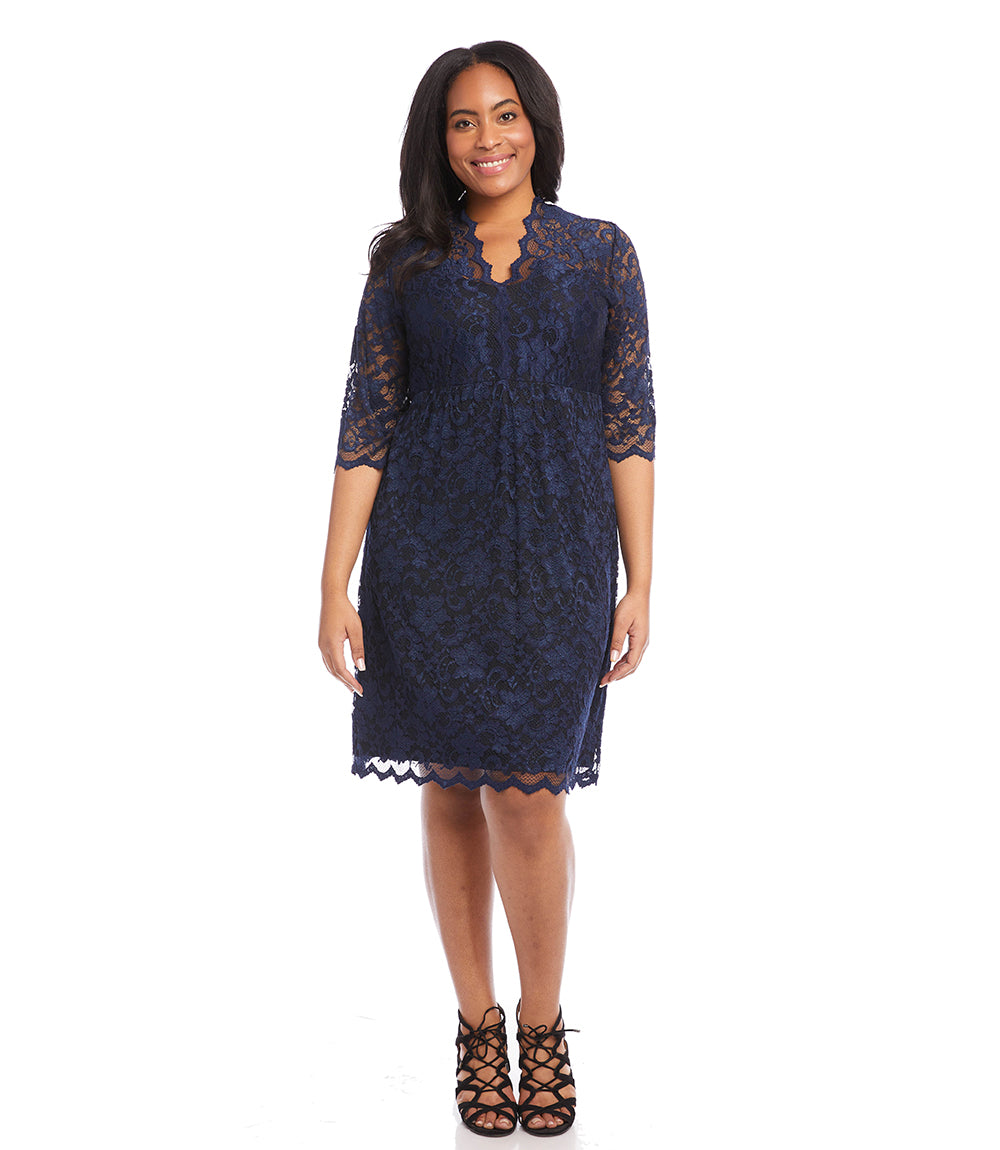 Navy V-Neck Scallop Hem Lace Dress | Karen Kane