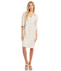Petite Button Front Pocketed Linen Shirt Party Dress With Pearls