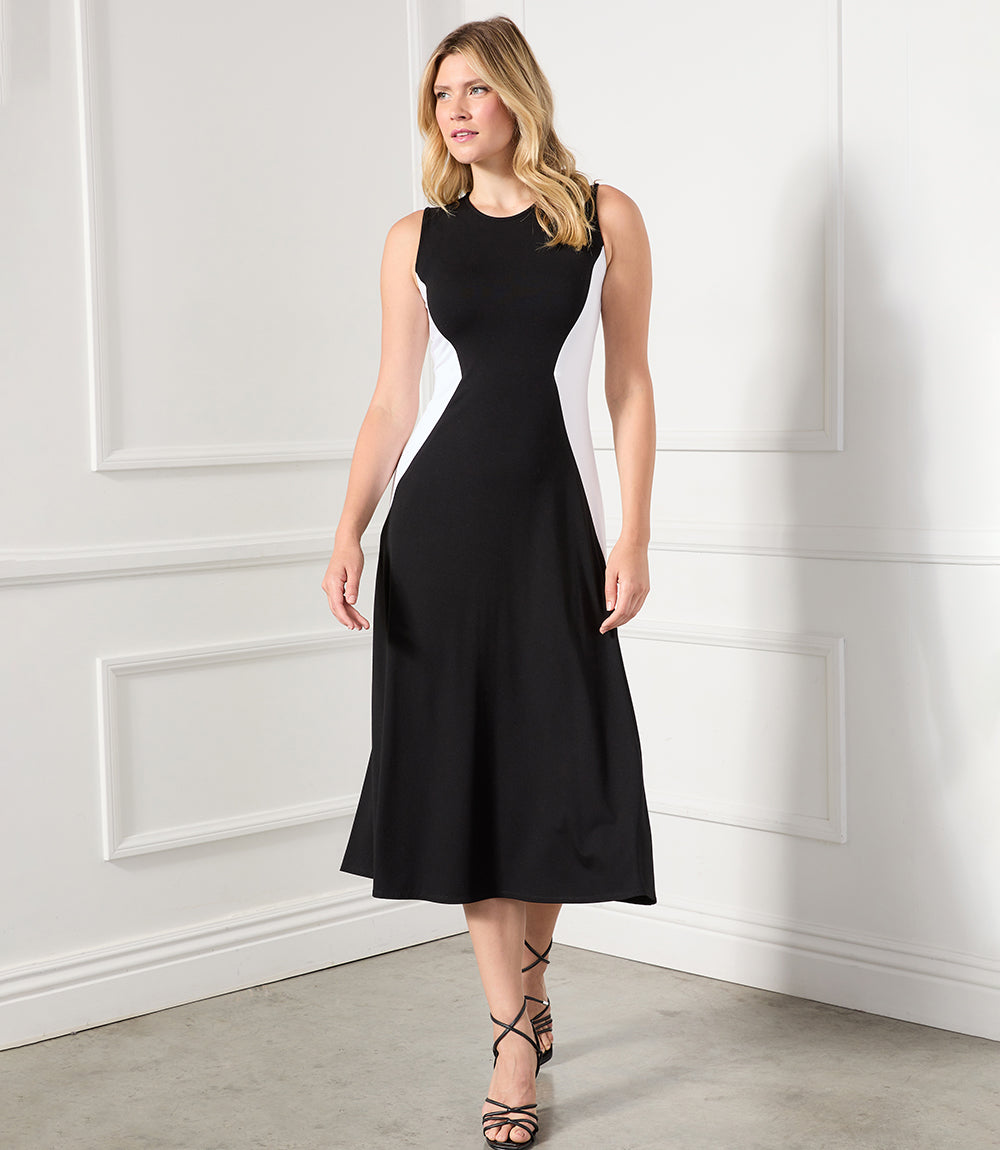 Karen Kane Women's Plus Size Sleeveless Colorblock Dress,  2X,  Black W/White,  Rayon/Spandex