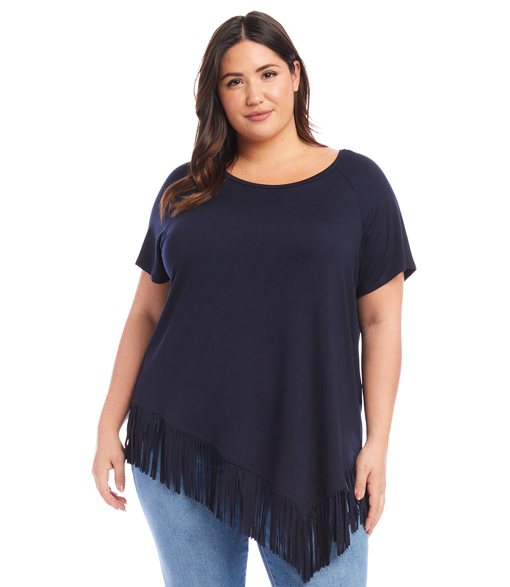 Black Petite Size Angled Fringe Top | Karen Kane