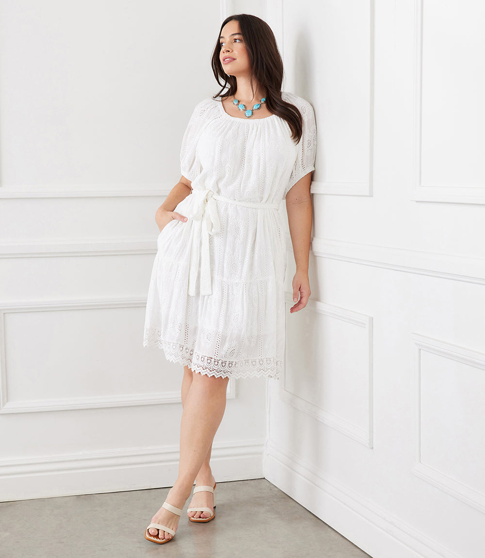 Karen Kane Women's Plus Size Embroidered Puff Sleeve Dress,  0X,  Off White,  100% Viscose