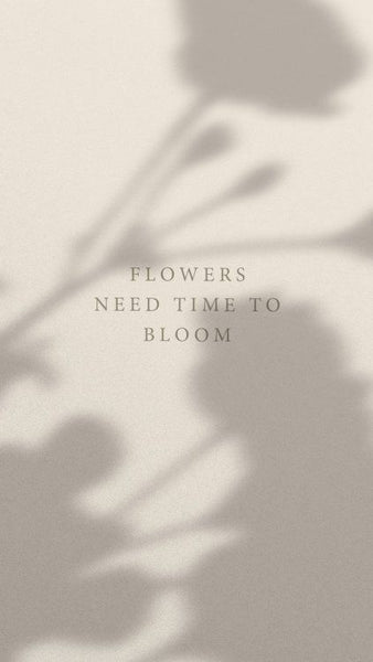 Image of tan wall with flower shadows.  Text on wall says "Flowers need time to bloom."