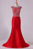 2022 Red Bateau Lace&Taffeta Prom Dresses Mermaid PZNBSPNE