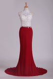2022 High Neck Sheath Spandex Prom Dresses With Applique And Beads Open PLN5KRE4