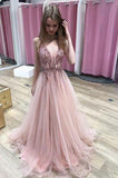 A Line Pink V Neck Tulle Sequin Beads Long Prom Dress Cheap Graduation Dresses