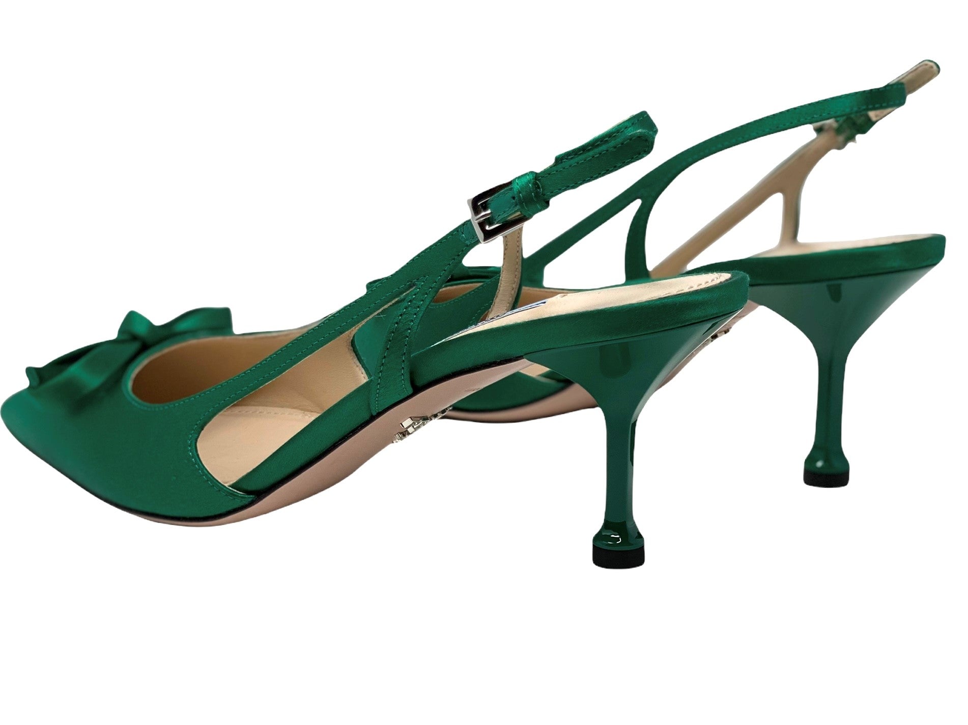 Prada Emerald Satin Kitten-Heel Sling-Back Pumps. – modernMarla