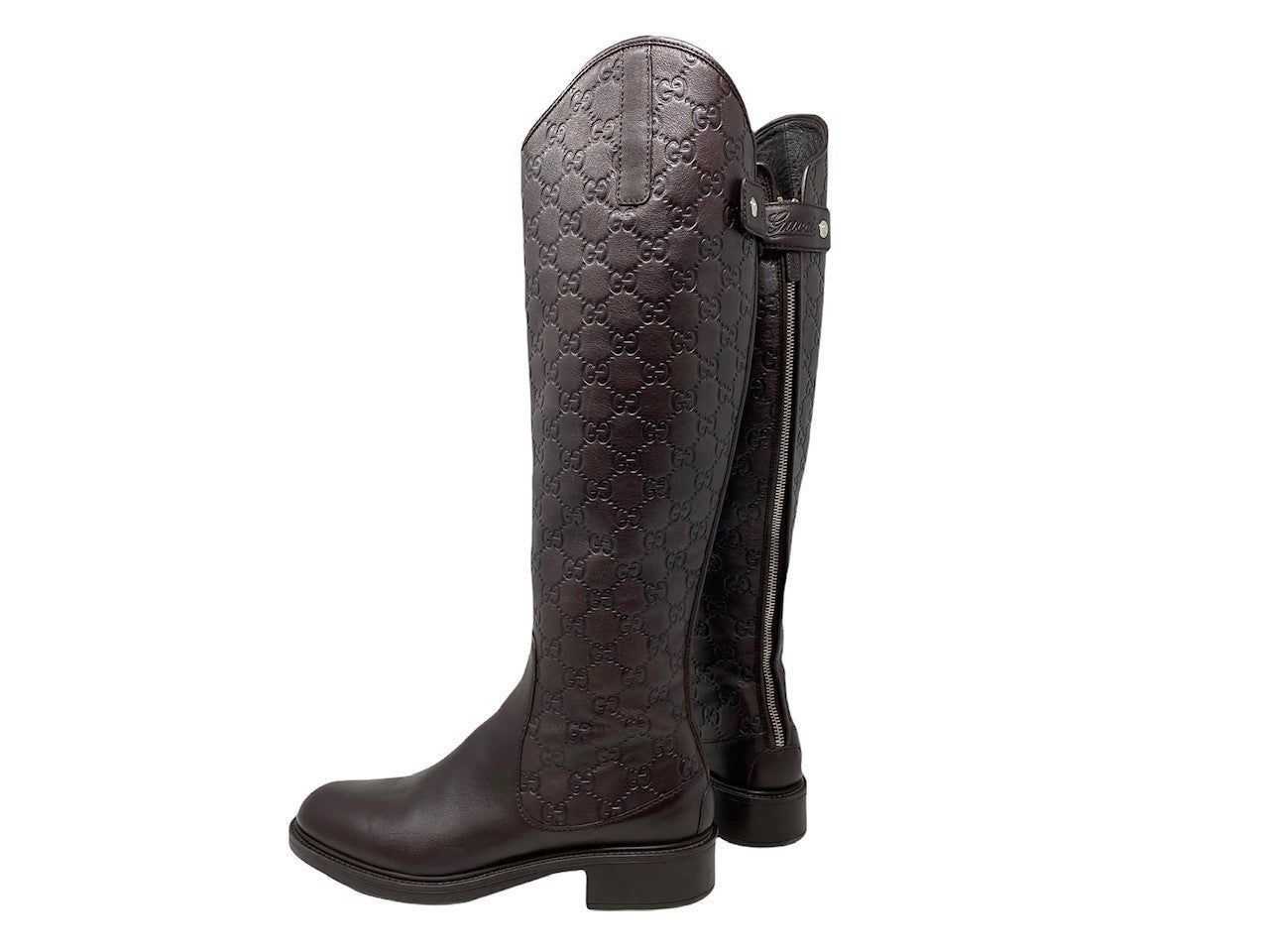 GUCCI Brown Leather Guccissima GG Embossed Knee Boots – modernMarla