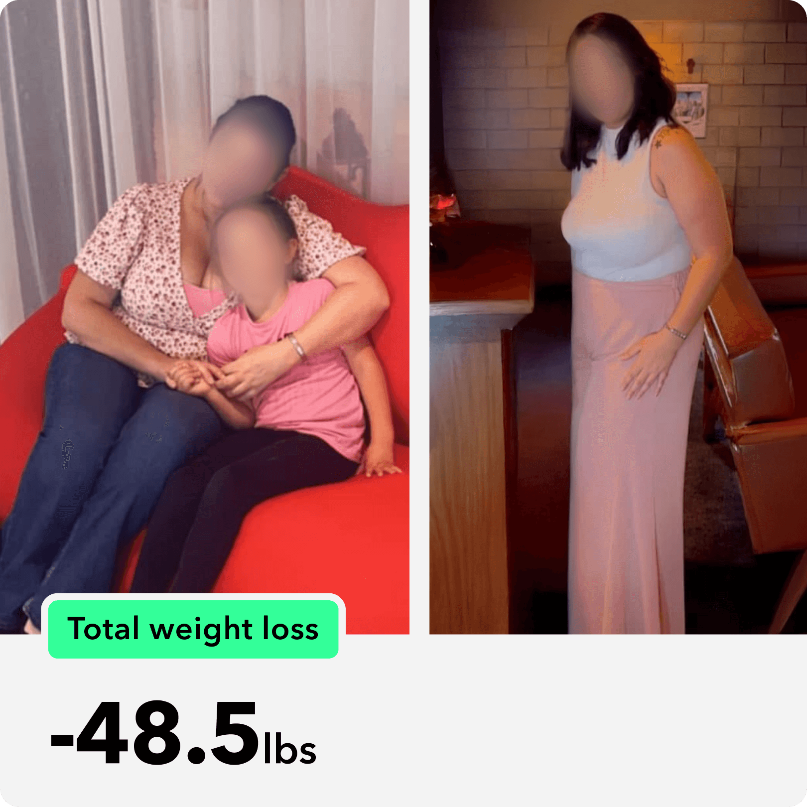 Anon's  transformation image, before and after the 48.5 lb weight loss.