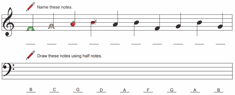 Exercises confirm the learning of the notes and positions from the stories
