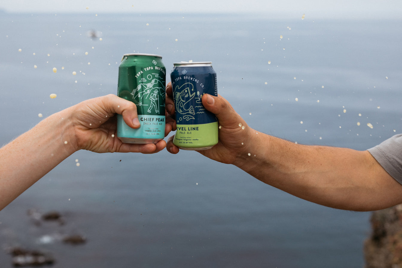 A cheers of two beer cans with water behind