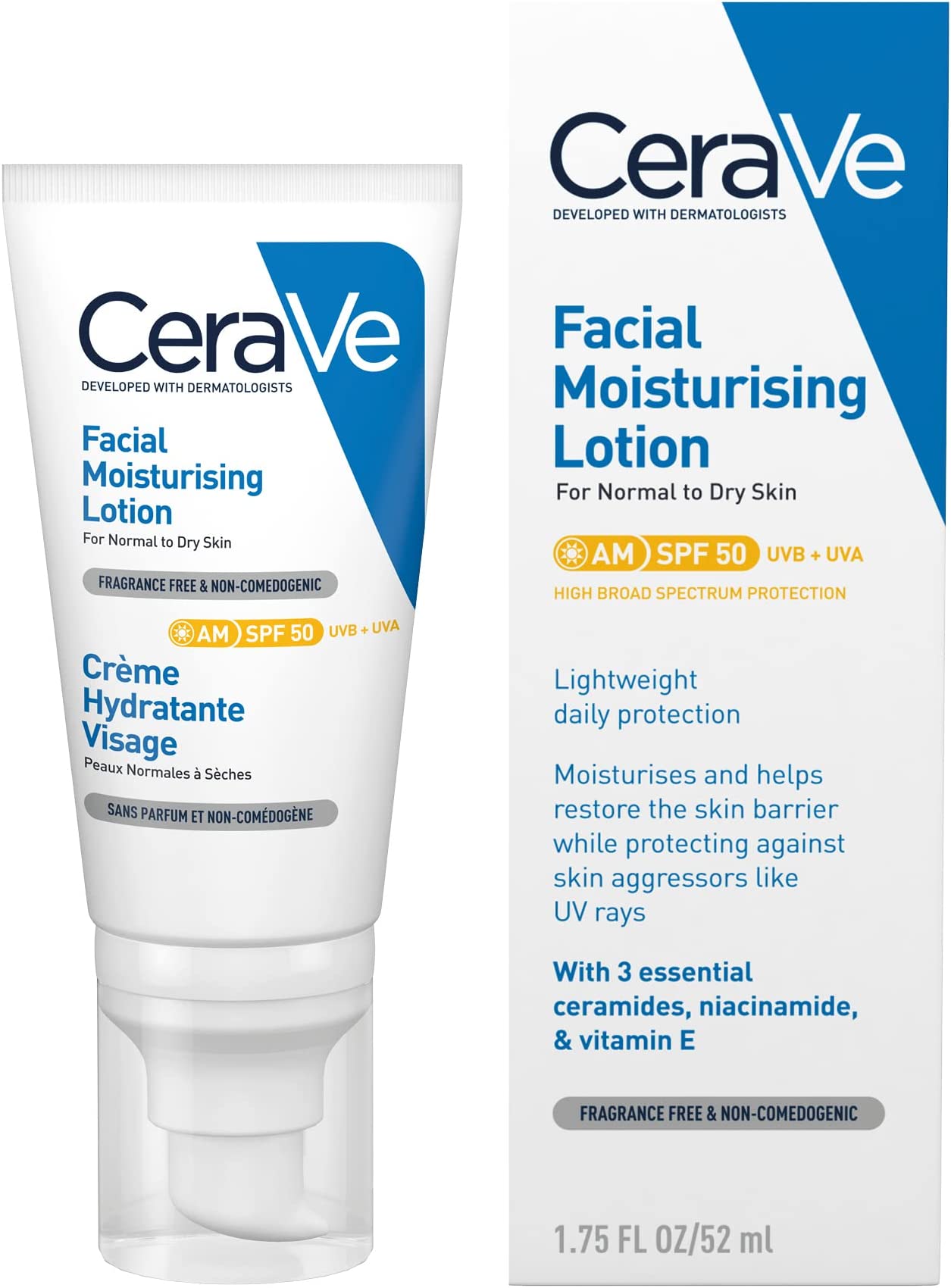 Image of CeraVe AM Facial Moisturising Lotion SPF50 with Ceramides & Vitamin E for Normal to Dry Skin 52ml