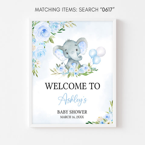 Editable Blue Floral Elephant Baby Shower Welcome Sign