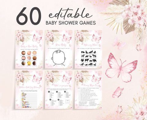 Editable Pink Boho Butterfly Baby Shower Games Bundle