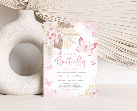 Editable Pink Boho Butterfly Baby Shower Invitation