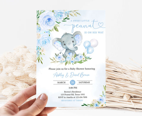 Editable Blue Floral Elephant Baby Shower Invitation