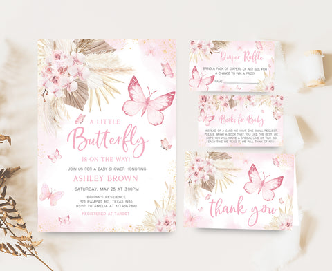 Editable Pink Boho Butterfly Baby Shower Invitation Set