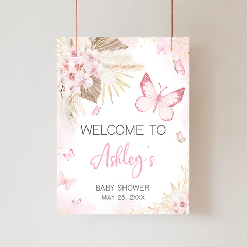 Editable Pink Boho Butterfly Baby Shower Welcome Sign