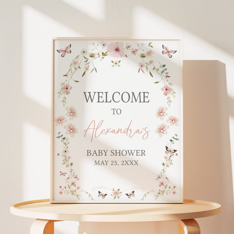 Pink Floral Butterfly Baby Shower Welcome Poster Template