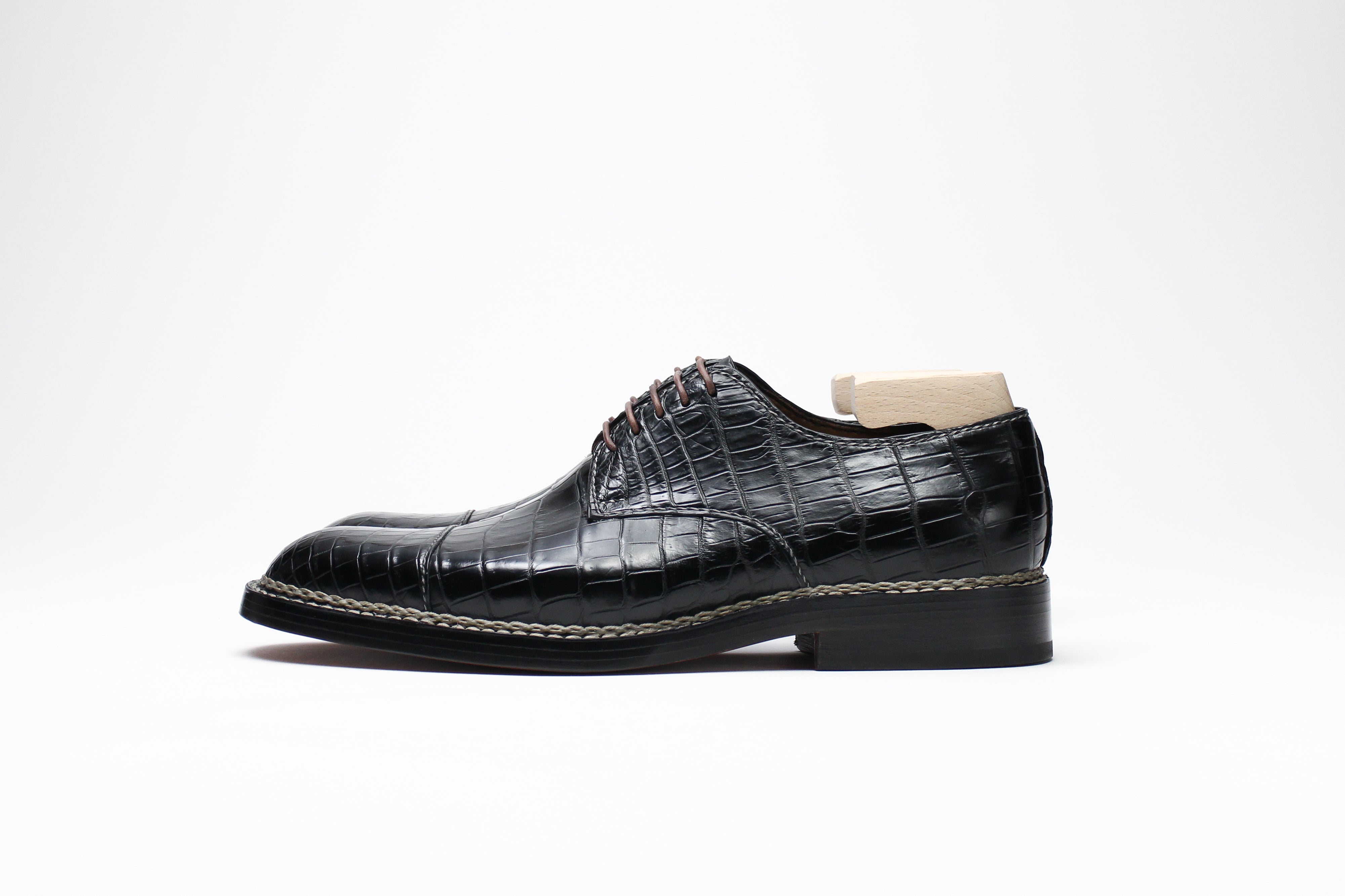 Zonkey Boot hand sewn toe cap derby from black crocodile leather with Norvegese soles