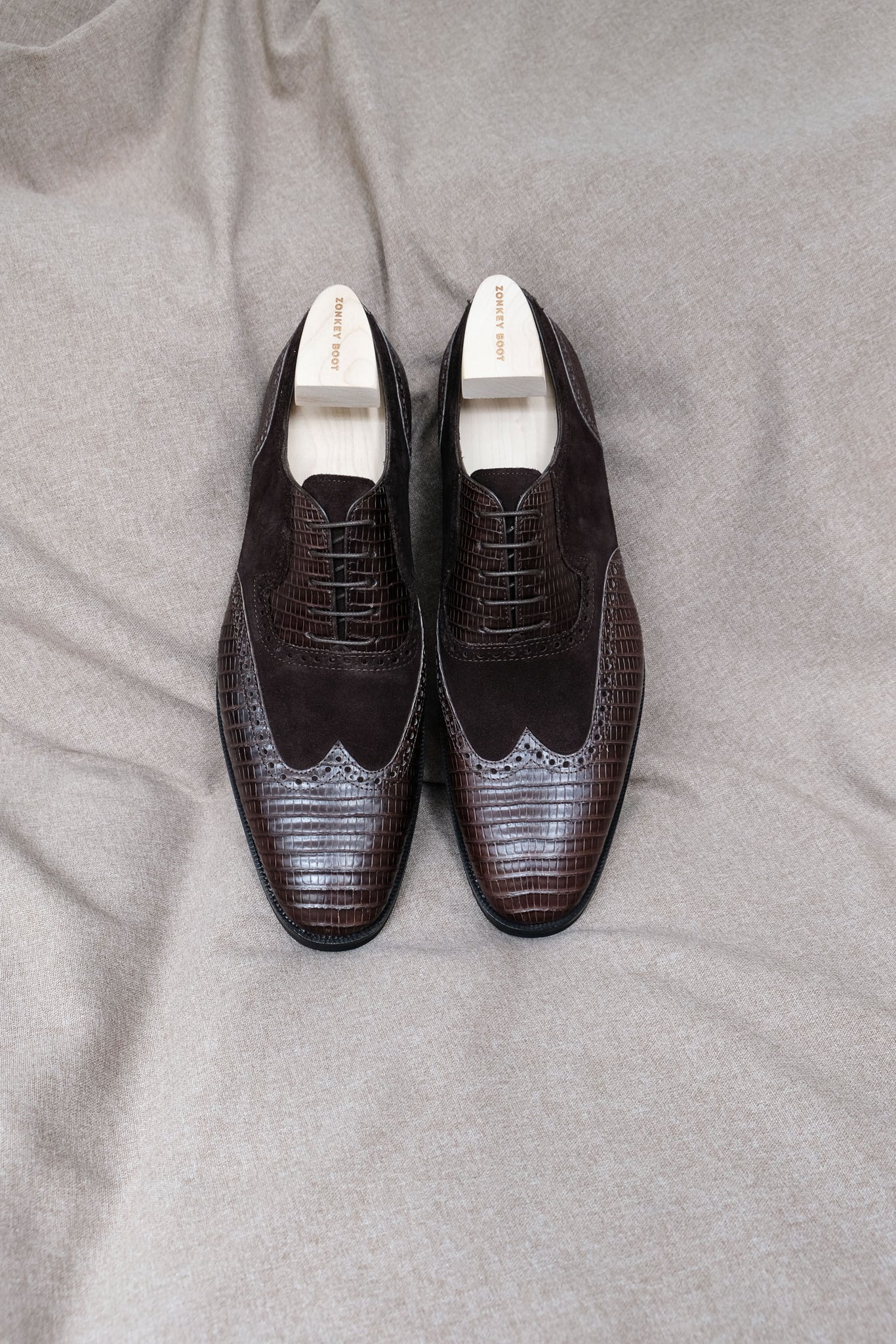 Zonkey Boot hand welted wingtip oxfords from lizard leather and suede