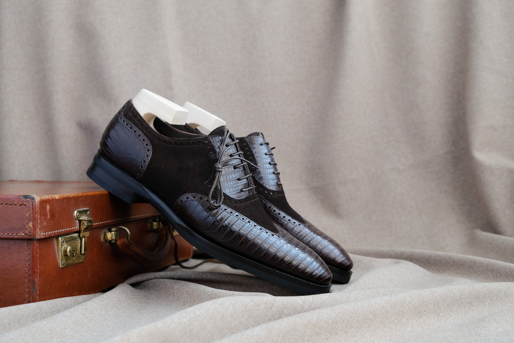 Zonkey Boot hand welted wingtip oxfords from lizard leather and suede