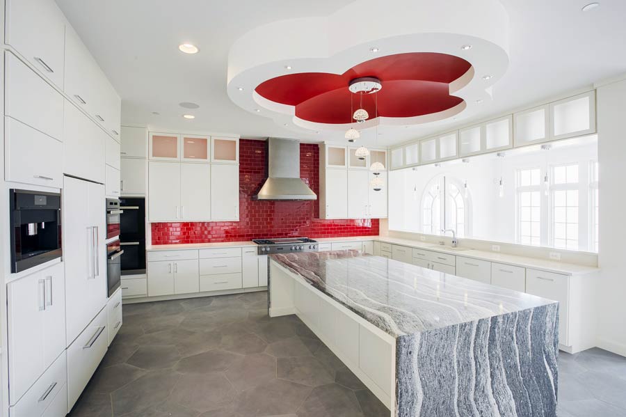 Grome ceiling with pendant lights in a futuristic modern kitchen