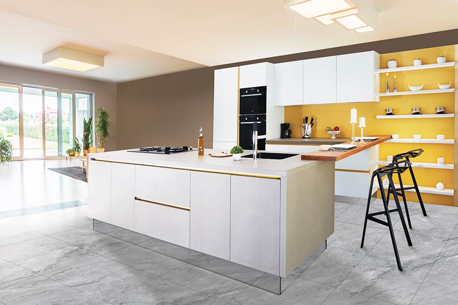 Modern kitchen featuring sleek cabinets and open shelving