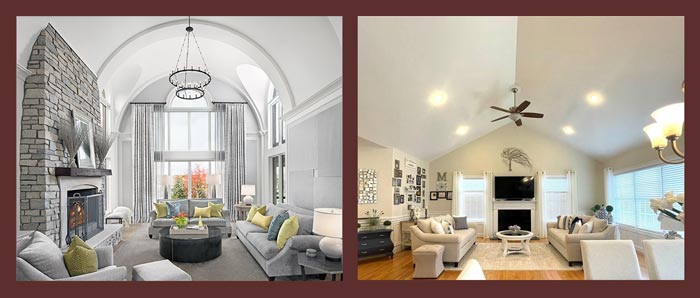 Vaulted ceiling vs Cathedral Ceiling - side by side of an Igloo Vault Ceiling and a Traditional Cathedral Ceiling in a living room