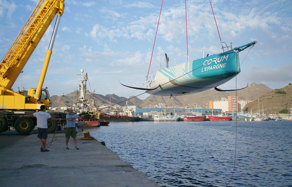 Nicoals Troussel's baot being pulled out of the water at Cape Verde, Vendee Globe 2020