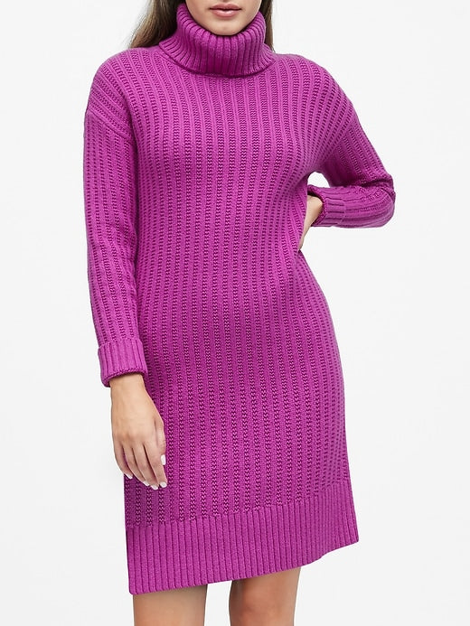 purple turtleneck sweater dress