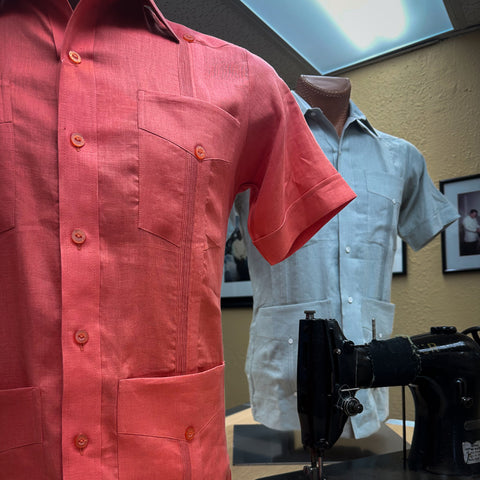 Short-sleeve-red-and-blue-guayaberas-by-Ramon-Puig