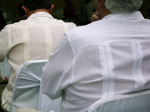 back of two adults using guayaberas in differenttones