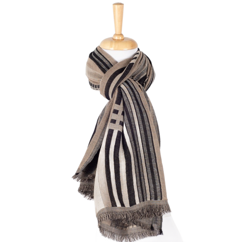 Jacquard Merino Wool Scarf - Black Beige Checks and Stripes Abstract