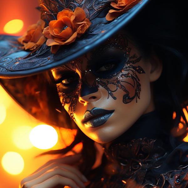 A beautiful lady dressed as a classy witch for Halloween.