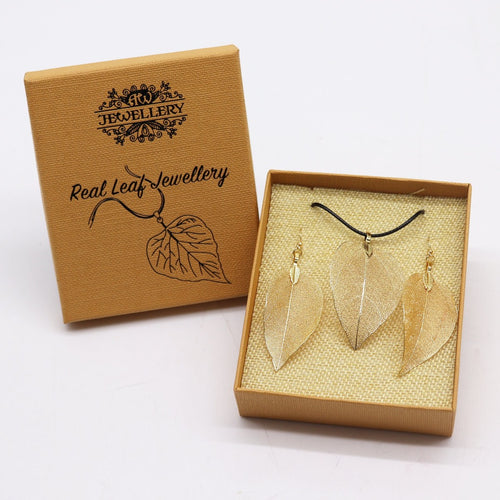 Real Leaf Jewellery Set - Necklace & Earrings - Gold Pink or Pewter