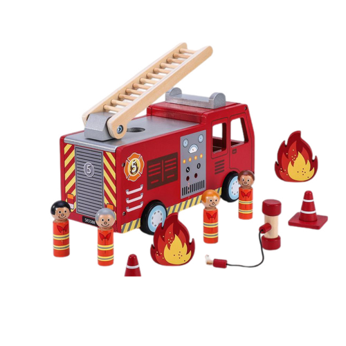 Wooden Fire Engine Truck with Firefighter Figurines Vehicle Toy for Kids 3+