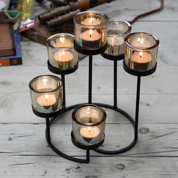 Centerpiece Iron Votive Tea Light Candle Holder - Black Iron and Glass 2