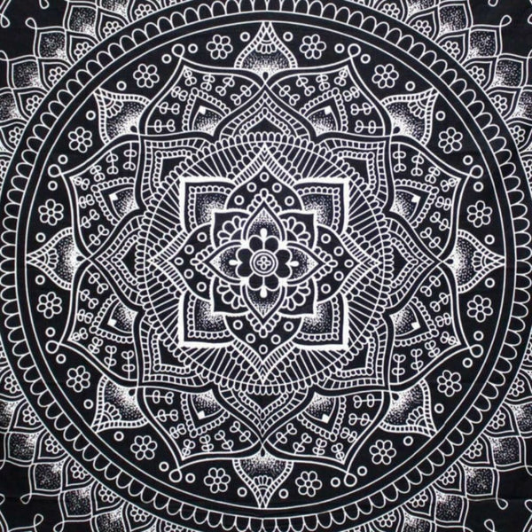 Indian Cotton Bedspread Wall Hanging Double - Lotus Flower - Black & White 2