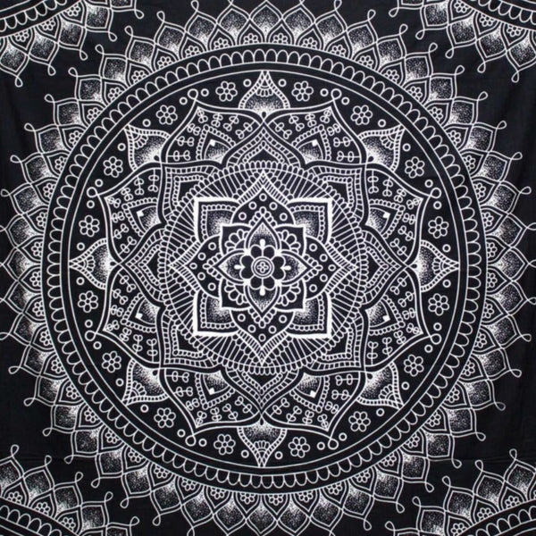 Indian Cotton Bedspread Wall Hanging Double - Lotus Flower - Black & White 1