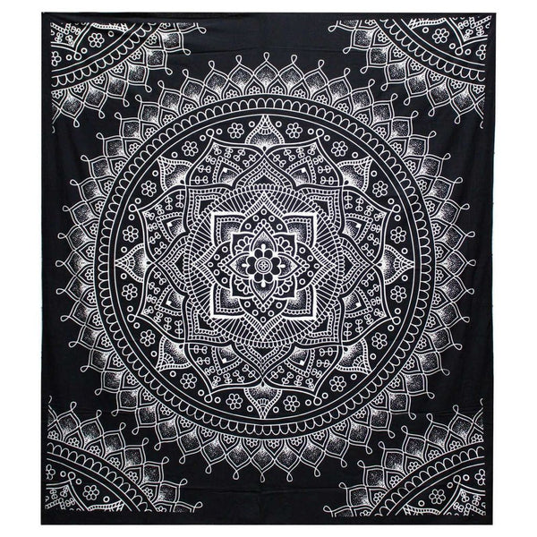 Indian Cotton Bedspread Wall Hanging Double - Lotus Flower - Black & White 0