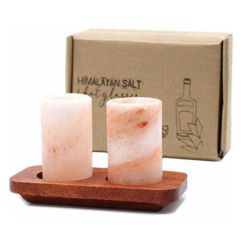 Himalayan Salt Shot Glasses & Wood Serving Stand - Gift Set of 2 or 4