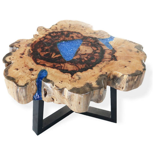 Wooden Coffee Table - Natural Tamarind Wood and Resin - Aqua and Sky Blue