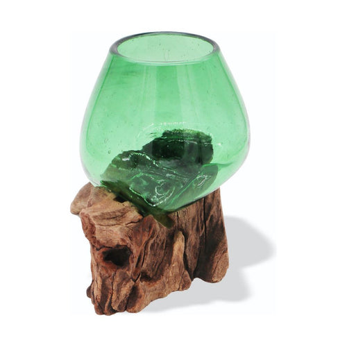 Green Glass Bowl - Recycled Beer Bottles Molton Glass on a Sustainable Wood Base