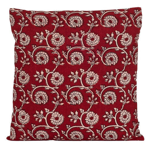 Hand Block Print Cotton Cushion Cover - Red Floral Vine Bagh