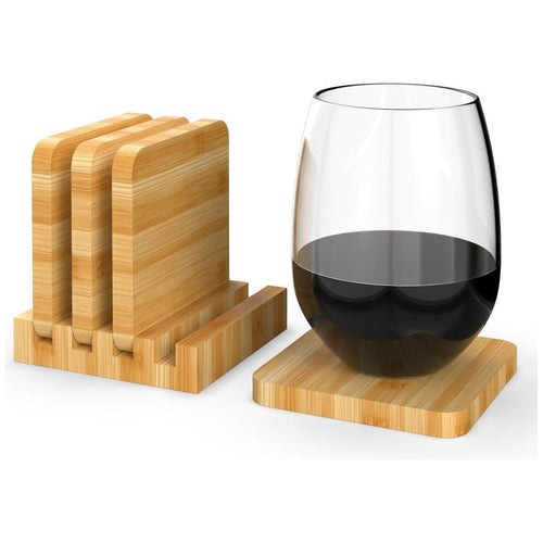 Natural Bamboo Coasters - Set of 4 Natural Wood Square Drink Coaster with Holder